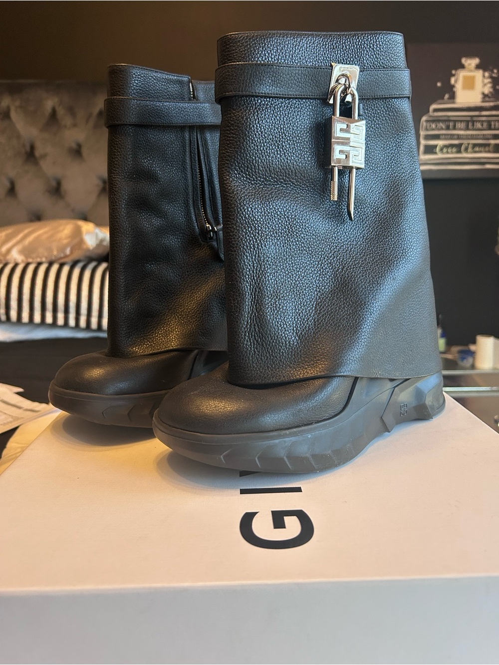 Givenchy Black Leather Platform Ankle Boots with Silver Padlock Charm